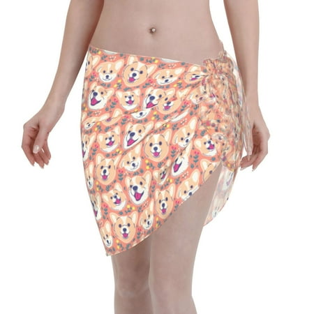 Adobk Women Beach Sarong Bathing Suit Corgi Head With Floal Print Wrap Skirt Sheer Bikini Swimsuit Cover Ups For Swimwear