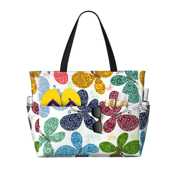 Naloa Colorful Butterflies Large Capacity Beach Bag, Waterproof Sandproof Beach Swim Pool Bag Tote Bag for Women