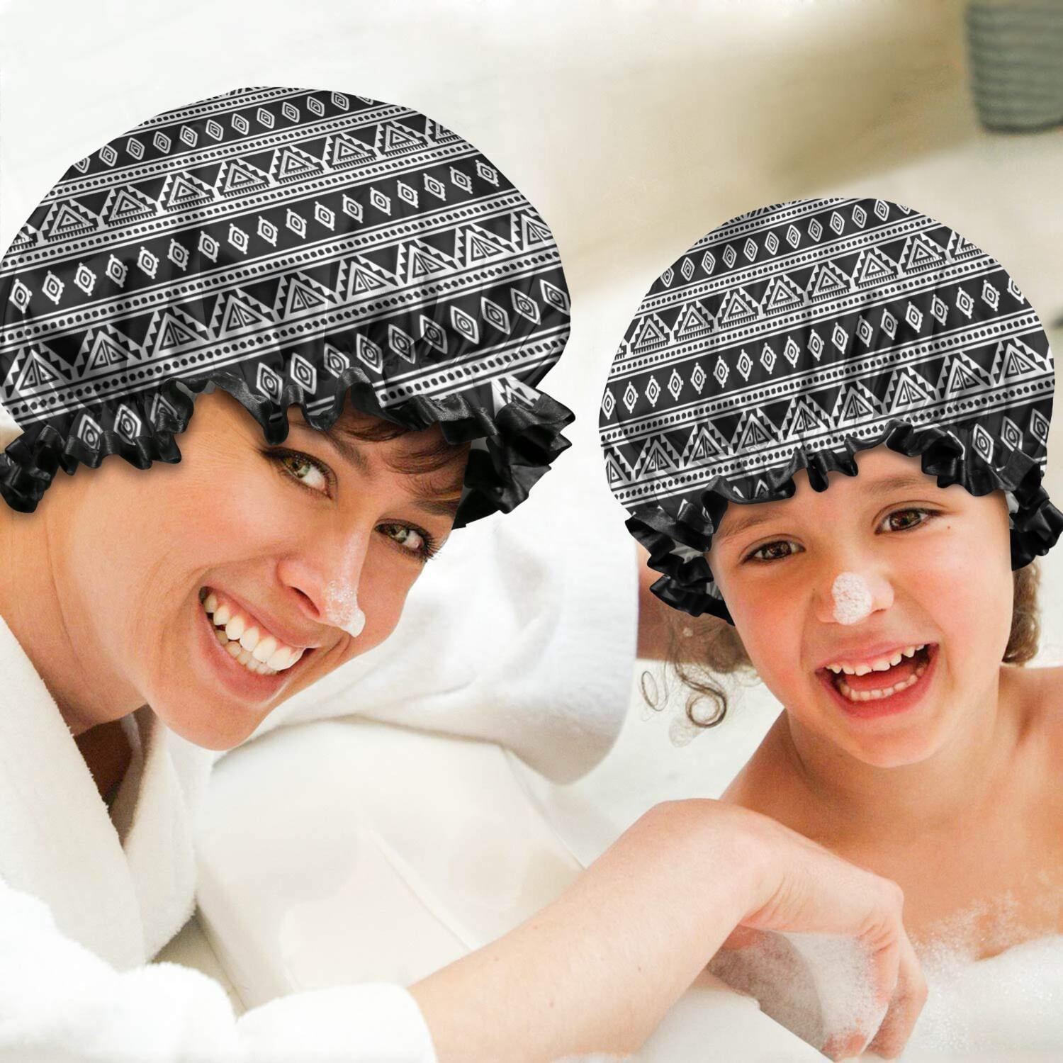 Shower Caps,Black Geometric Triangle Diamond Pattern Waterproof Shower Cap for Women 4 Pieces,Double Reusable Hair Cover for Shower PEVA Elastic Stretch Hem