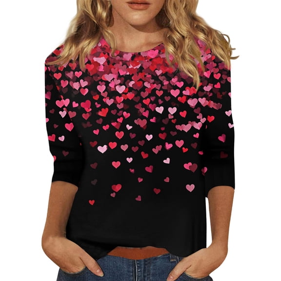 Fgvctg Valentine's Day Women's Tops Casual 3/4 Length Sleeve Crewneck Shirts Romantic Date Night Pullover Top Plus Size Love Heart Print Blouses Gifts for Women Black 3XL