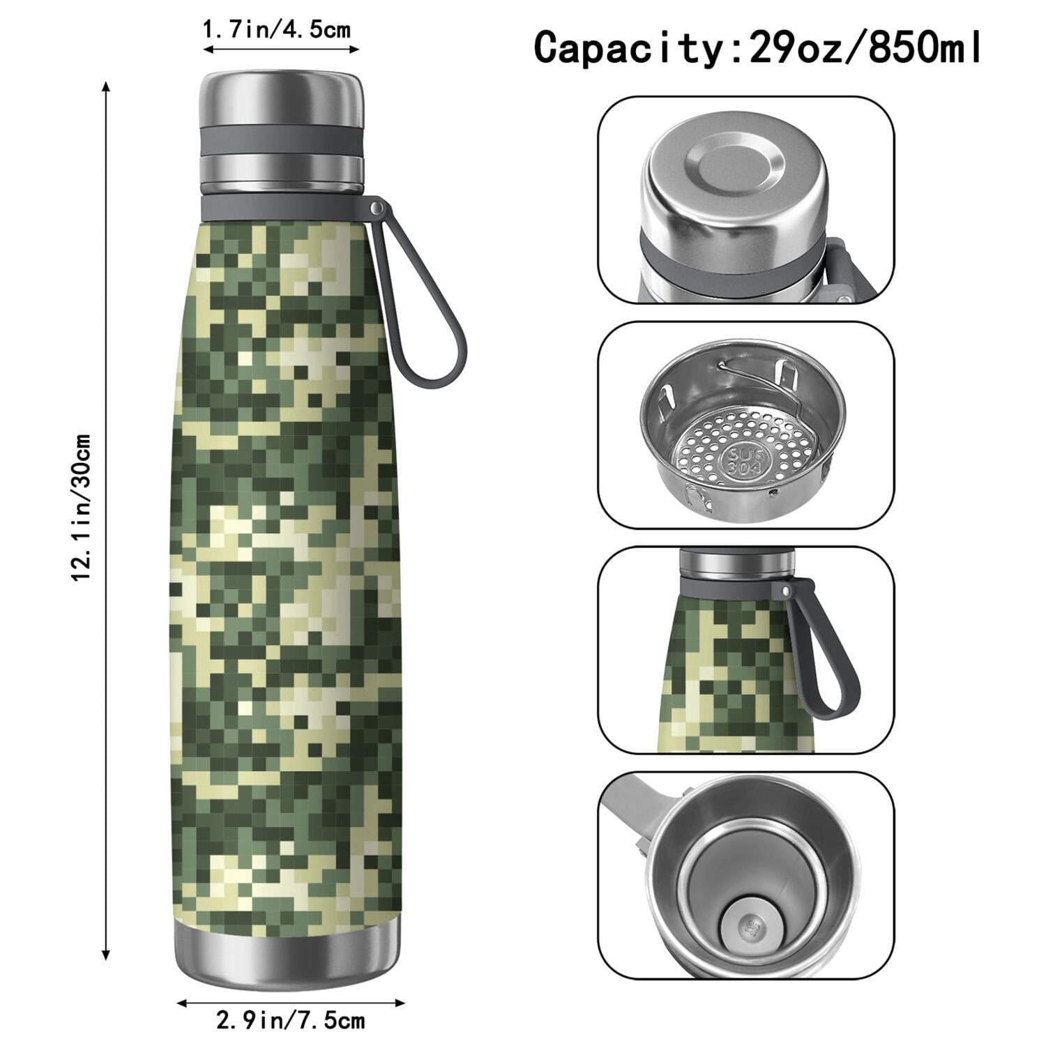 29oz Insulated Water Bottle with Tea Infuser, Stainless Steel Travel Mug, Camouflage Print