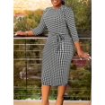 thumbnail image 4 of Black And White Houndstooth Print Fitted Midi Dress With Self-Tie Waist, Elegant Plus Size, 4 of 4