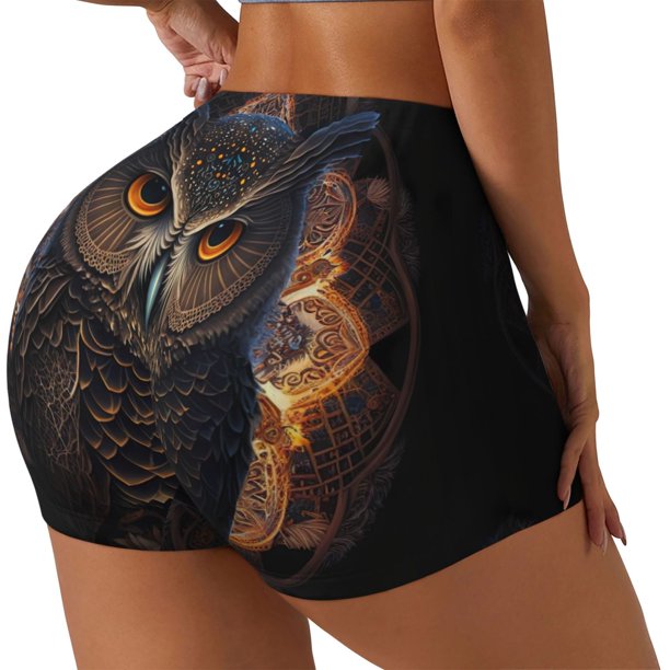 Fotbe Classical Style Brown Owl Shorts Sin Costuras – Shorts Deportivos de Cintura Alta para Mujer, Elásticos para Gimnasio, Yoga, Running o Ciclismo-X-Large