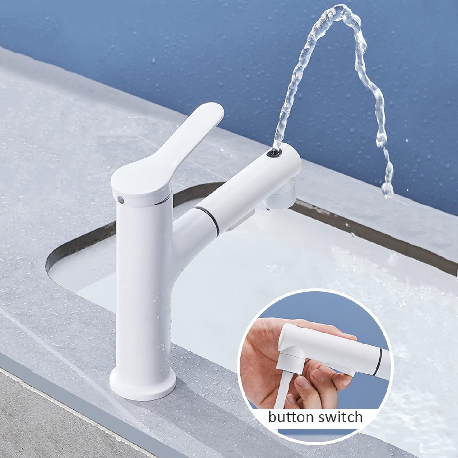Bathroom Sink Faucet with Pull Out Sprayer,Single Hole Bathroom Sink Faucet with 3 Modes,Brass Single Handle for Hot and Cold Water Vanity Basin Faucet,White