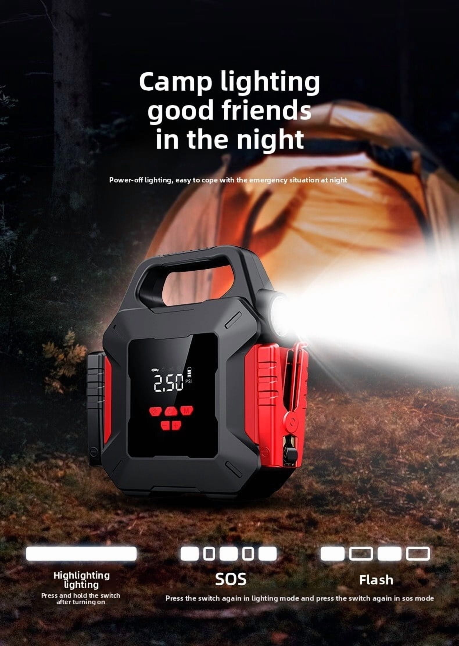 39800mAh Car Battery Charger Portable Jump Starter with Air Compressor for 12V Vehicles Digital Display Power Bank LED Flashlight USB C Charging