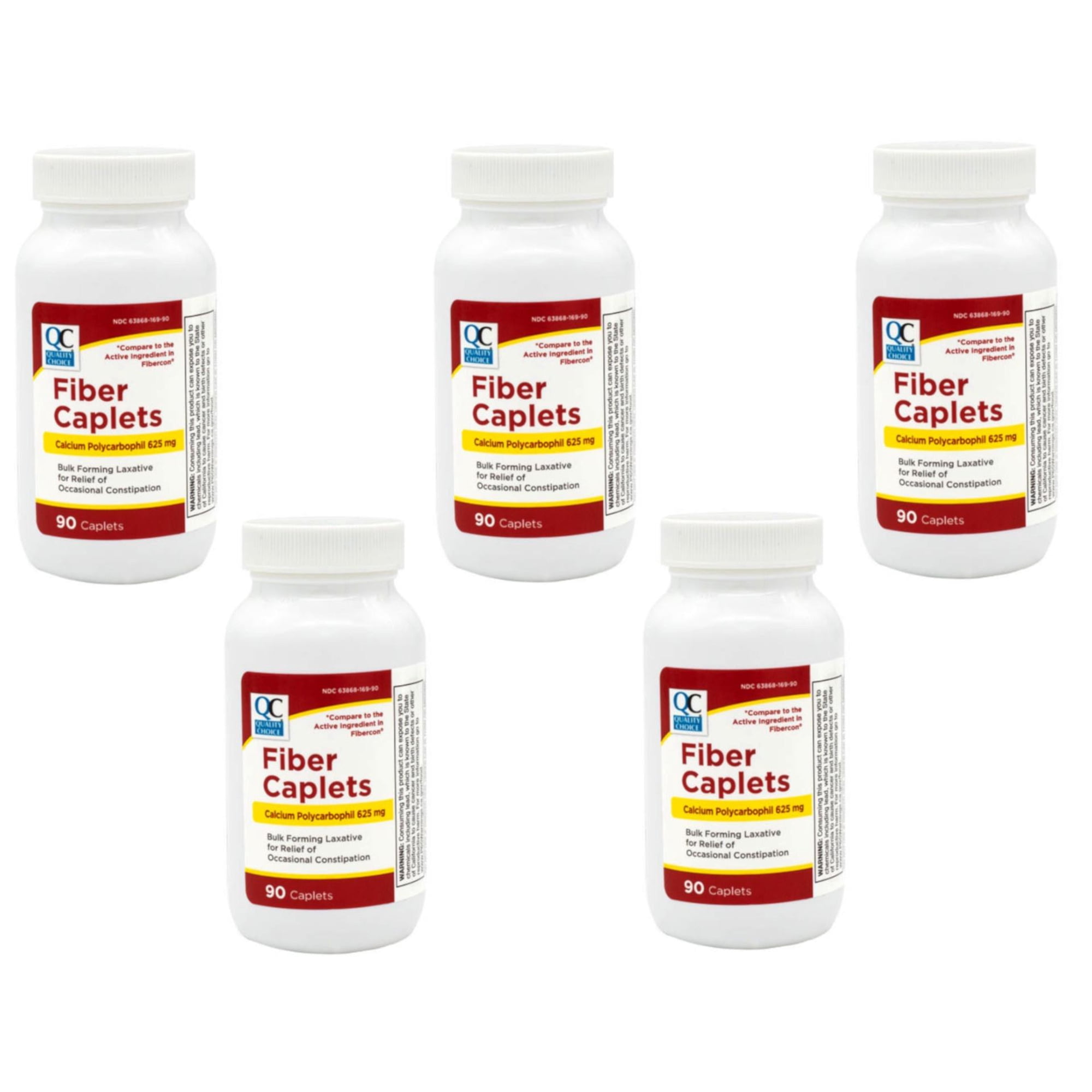 5 Pack - Quality Choice Fiber Therapy Caplets, Safe and Comfortable Constipation Relief Without The Gas and Bloating, Insolubale Fiber for Bowel Irregularity in a 90 Count Bottle of Caplets