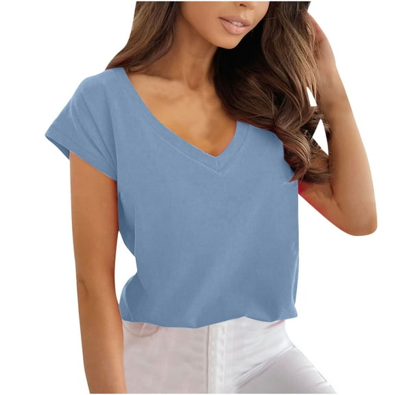 USSUMA Summer Tops for Women Trendy V Neck Short Sleeve Dressy Shirts Blouses Cute Basic Women's Tops Summer 2022 Solid Color Casual Tshirts Tunic Plus