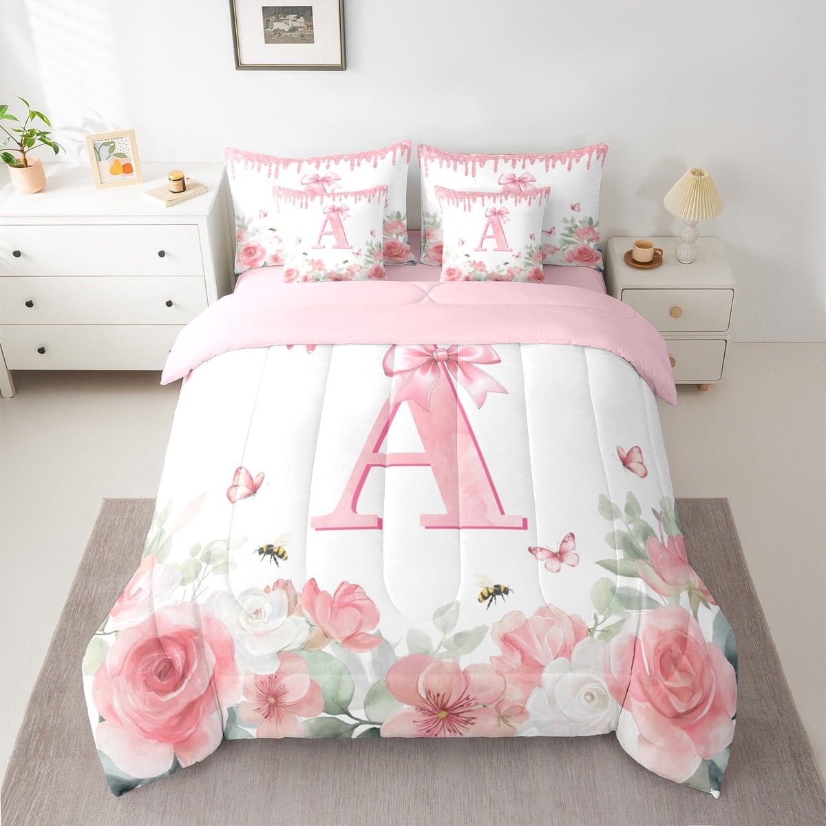 jejeloiu Monogrammed A Twin Bedding Sets 7-Piece,Retro Flower Butterfly Bedding Comforter Set,White Pink Bow Sheet Sets For Girl,Microfiber Room Decorative Reversible