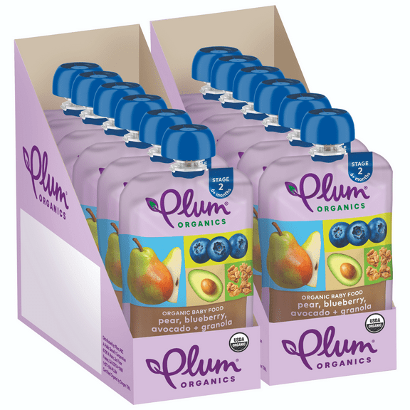 Plum Organics Stage 2 Organic Baby Food, Pear, Blueberry, Avocado and Granola, 3.5 oz Pouch - Case of 12