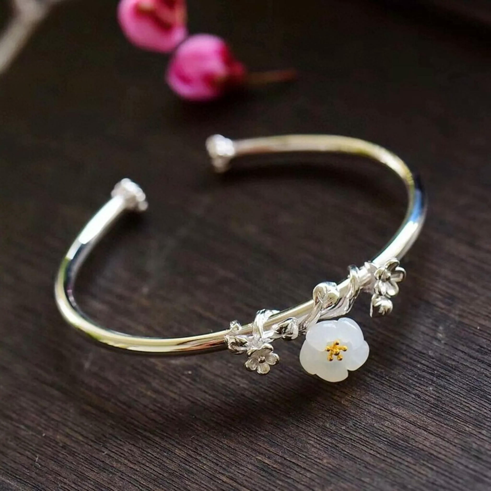 HOOUN 1PCS Pure S925 Sterling Silver Bangle Nephrite Jade Women Flower Cuff Bracelet