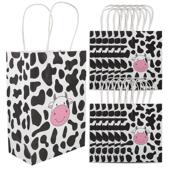 12pcs Cow Print Kraft Paper Bags with Handles – Durable Handheld Bags for Parties, Shopping & Wrapping