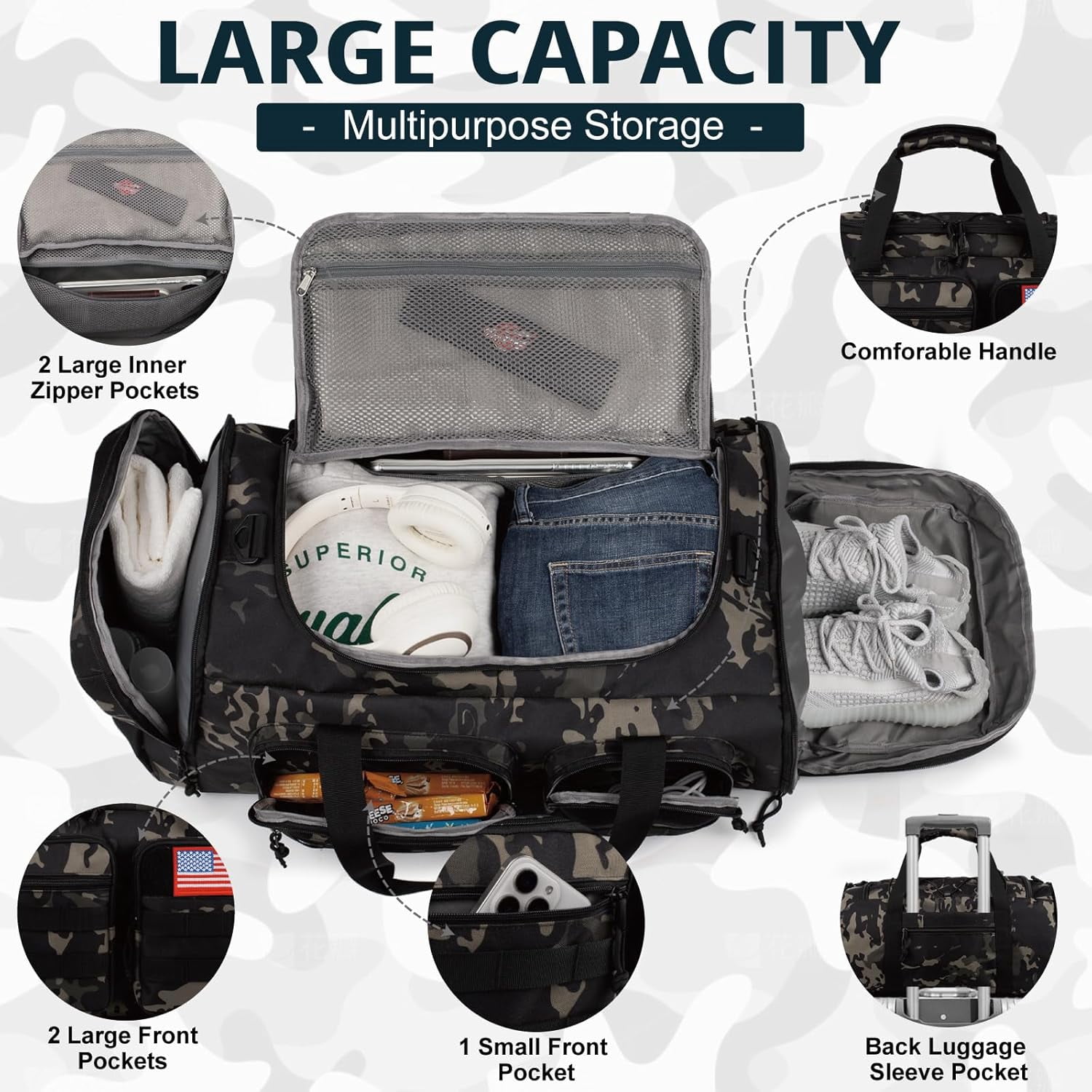 25.6In Gym Bag for Men, 50L Large 3 in 1 Sports Travel Duffle Bag with Shoes Compartment,Water Resistant Travel Backpack Weekender Overnight Bag with Wet Pocket for Women Camping Touring