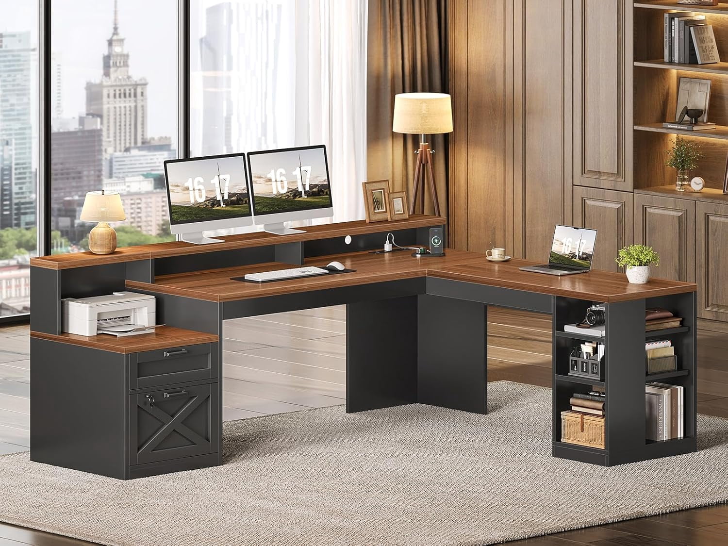 SEDETA L Shaped Desk with 2 Drawers, 65"x 59" Large Home Office Desk with Lockable File Drawer & Power Strip, Corner Desk with Storage & LED Strip, Black + Brown