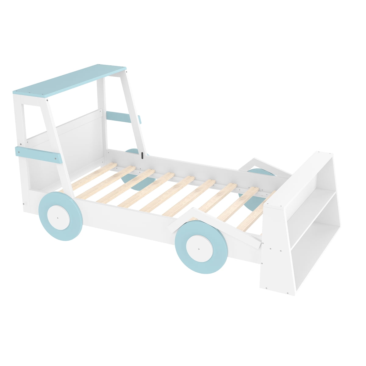 Twin Size Car Bed with Storage Shelves, Platform Bed with Cute Car-shape, Childlike Design, Blue & White