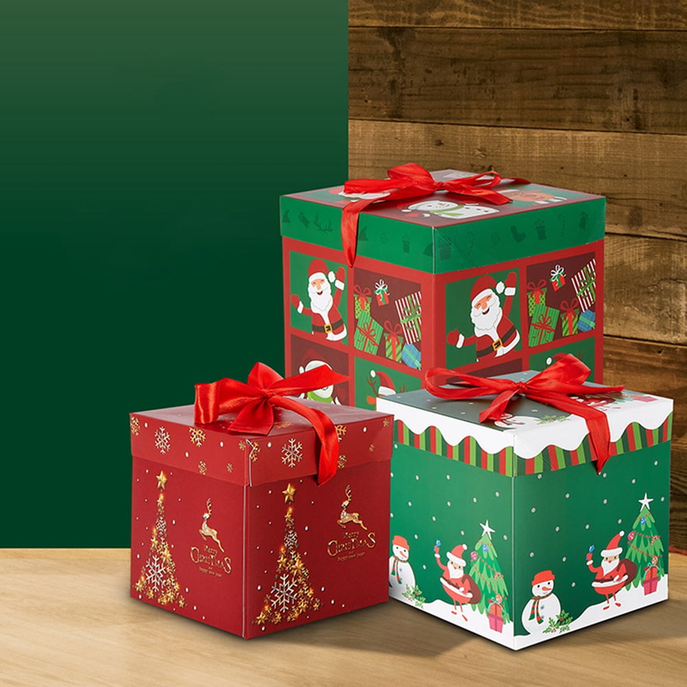 2 Square Gift Boxes Nesting Set of Display 3D Hard Cardboard Santa Presents  Chri