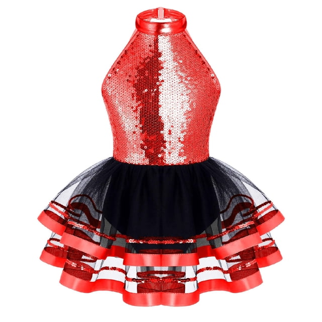 Oyolan Robe Justaucorps de Danse Ballet Métallique à Paillettes pour Filles avec Jupes en Tulle Robes de Performance Rouge 4