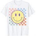 thumbnail image 1 of Retro Happy Face Shirt Checkered Pattern Smile Face Trendy T-Shirt - White - S, 1 of 4