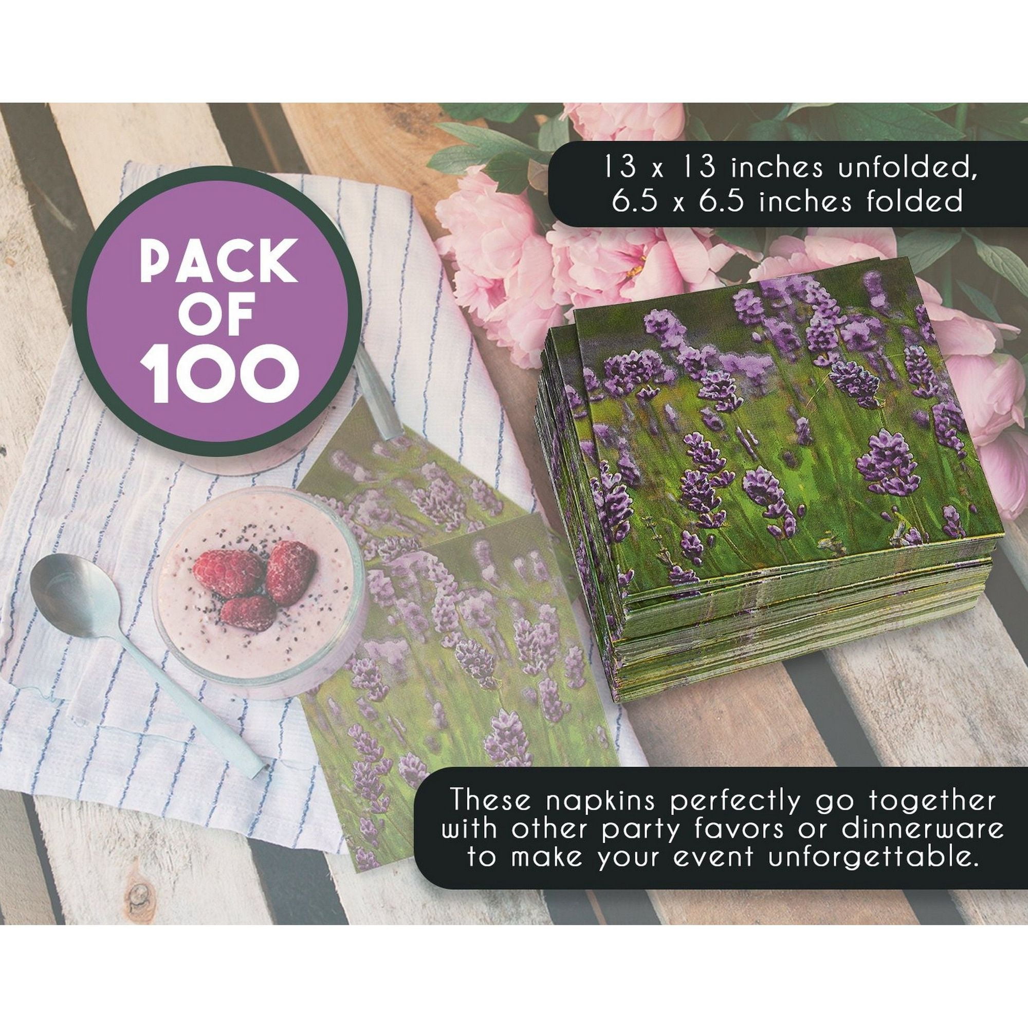 100 Pack Floral Paper Napkins Disposable Lunch Napkins With Purple Lavender Flower Decorative Design For Birthday Wedding Tea Party Supplies And Decorations 6 5 Inches Folded Walmart Com Walmart Com