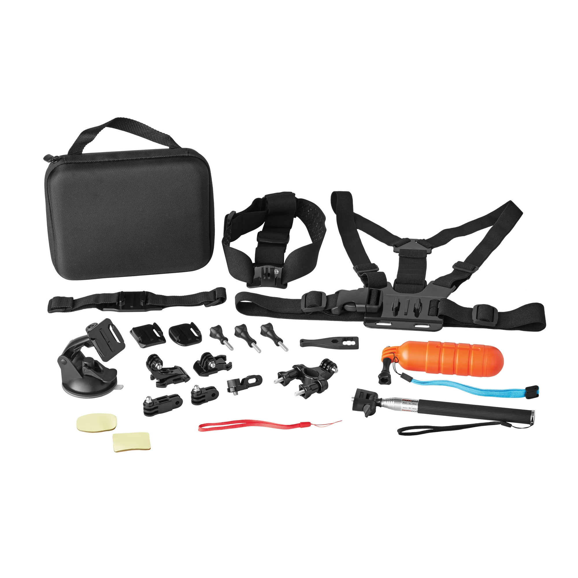 onn Action Camera Accessory Kit for Most GoPro Hero Cameras, 22 Pieces Including a Selfie Stick and Chest Mount