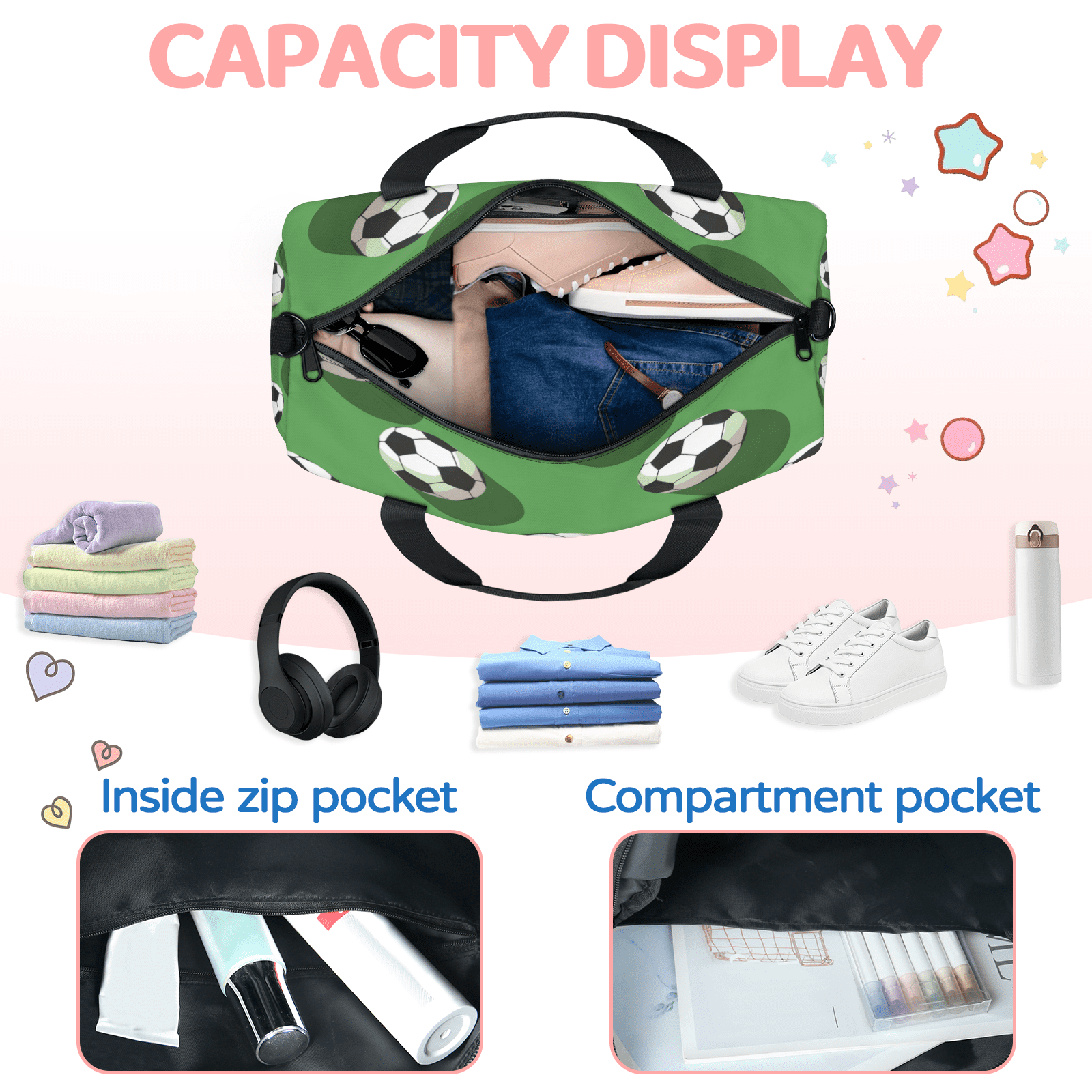 Herdesigns Soccer Ball Travel Duffle Bag Sports Yoga Weekender Overnight Carry on Workout Bags Lightweight Waterproof Gym Tote Bag for Women
