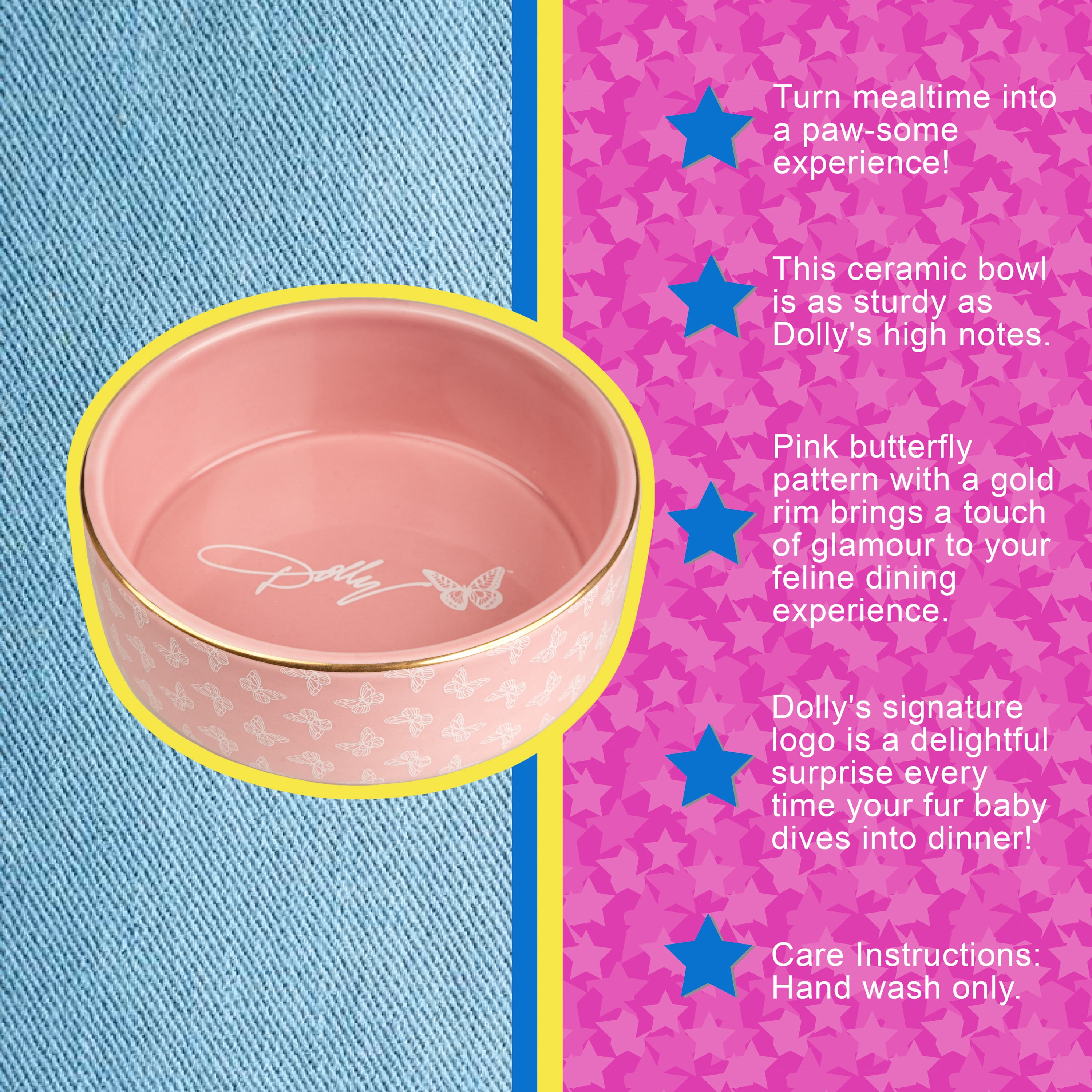 Doggy Parton, Cat Bowls, Gold Trim Butterfly Pet Bowl, Pink, Small