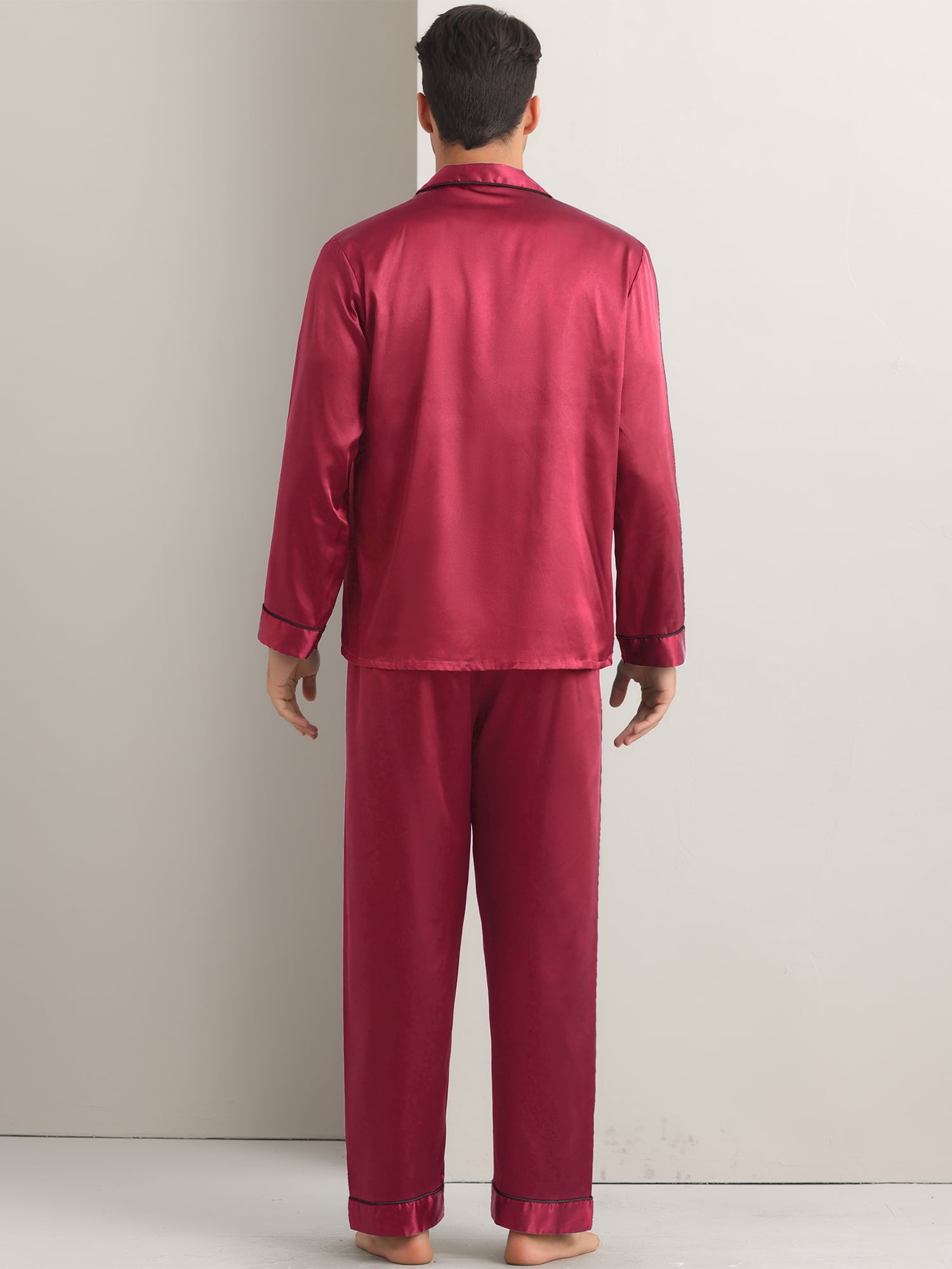 DARING DIVA Men's 2-Piece Homewear Button Down Long Sleeve Shirt L Burgundy