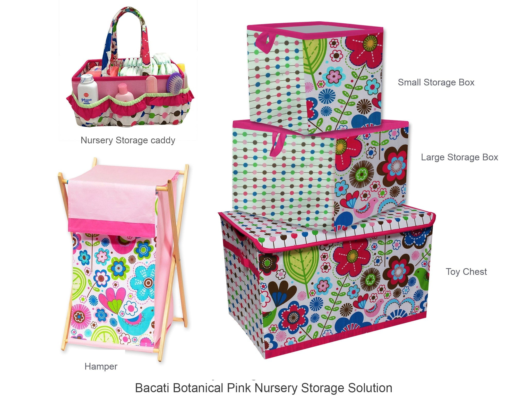 Bacati - Nursery Storage Caddy Botanical Pink/Aqua/Fuchsia/Green Girls
