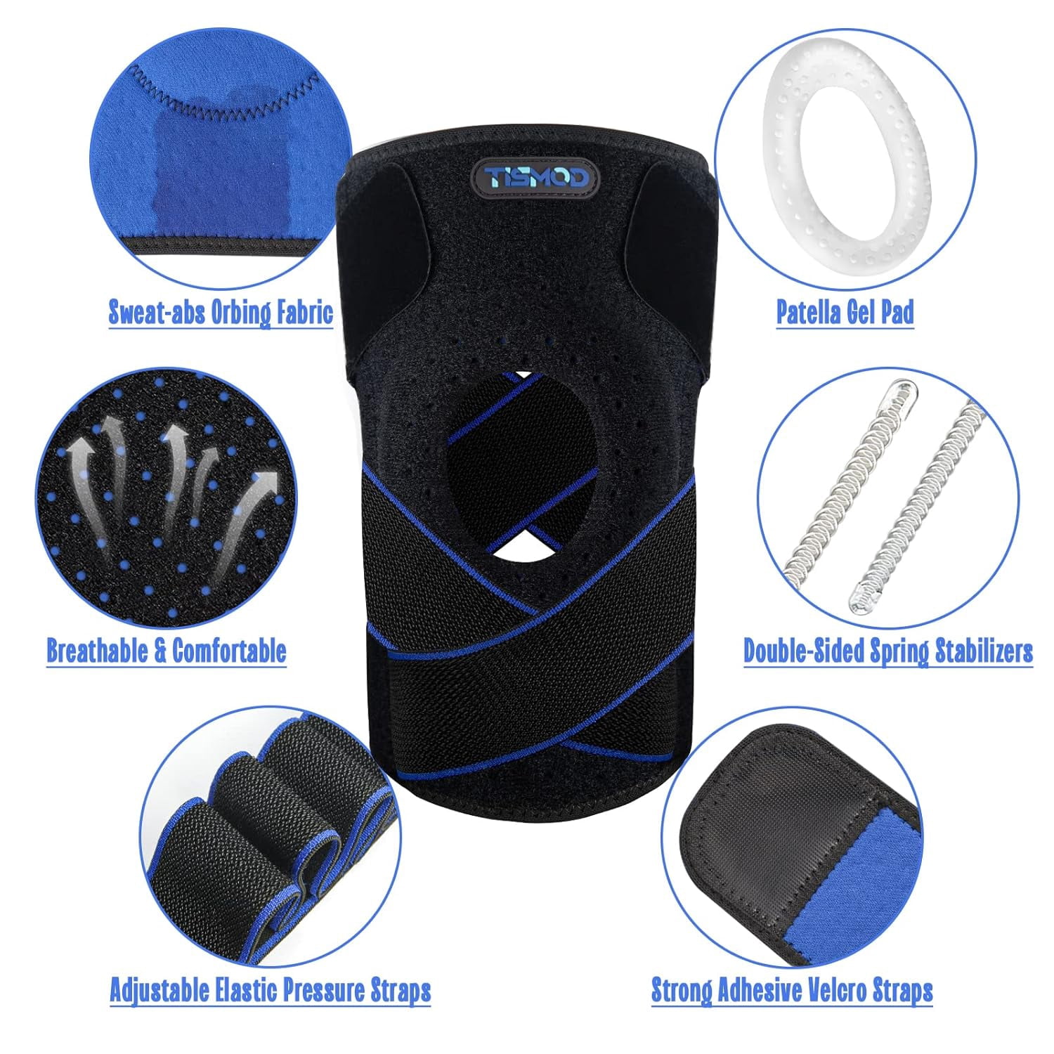 Knee Brace for Knee Pain, Adjustable Compression Support with Patella Gel Pad & Side Stabilizers, Knee Wraps for Men & Women, Meniscus Tear, Arthritis, MCL, ACL, Pain Relief, Working (Blue, Onesize)