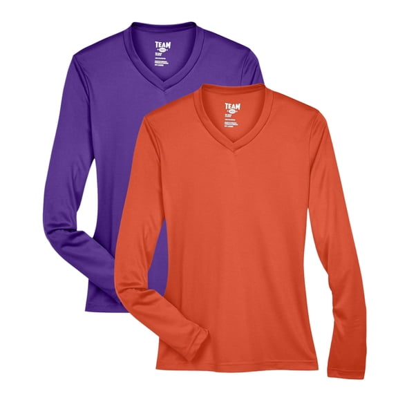 Team 365 Women's Zone Performance Long Sleeve T-Shirt 100% Polyester Lightweight Athletic Casual Tee (Sport-Purple+Sport-Orange 2 Pack, XS)