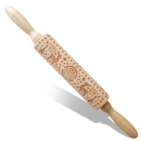 

ROBOT-GXG Rolling Pin Wooden Christmas Printed Stick 3D Holiday Xmas Cookie Dough Art Craft Tool JM001681