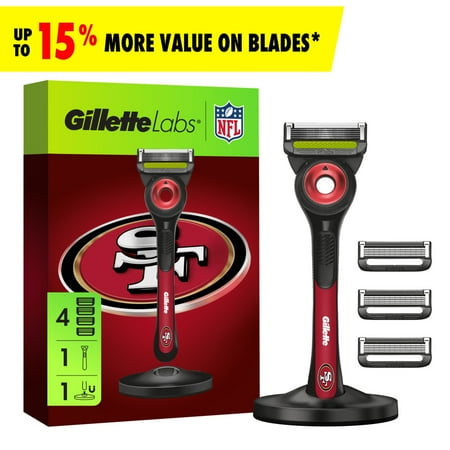 Gillette Labs Official 49ers Licensed Razor for Men, 1 Handle, 4 Blade Refills, with Magnetic Stand, Perfect for Game Day Grooming, Gillette Labs with Exfoliating Bar