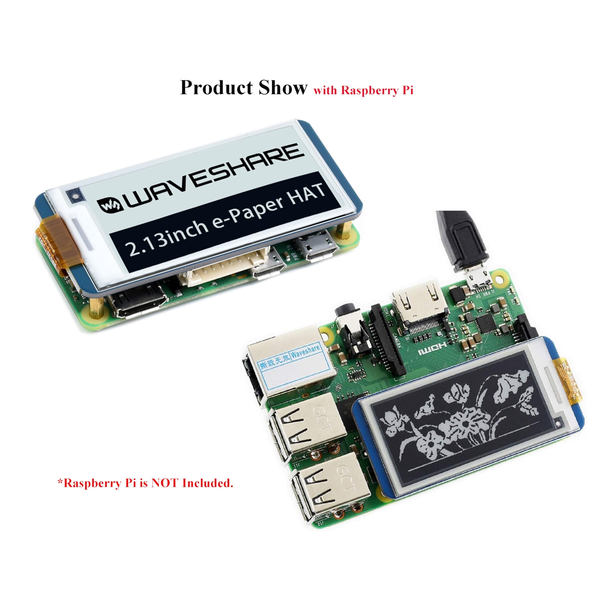2.13-inch E-Paper Display HAT for Raspberry Pi – 250×122 Resolution, SPI Interface, E-Ink Screen