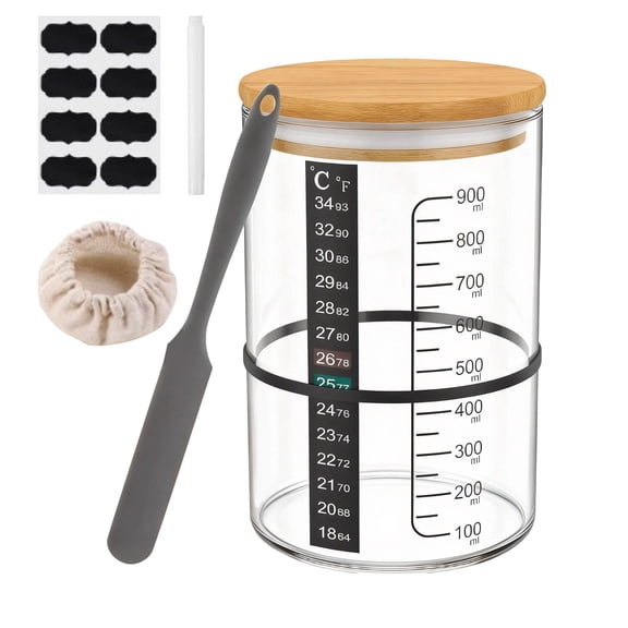 Sourdough Starter Jar Kit - 40oz Large Wide Mouth Sourdough Bread Jar with Marked Feeding Band, Thermometer, Scraper, Cloth Cover & Silicone Lid/Base, Glass Container, Baking Supply