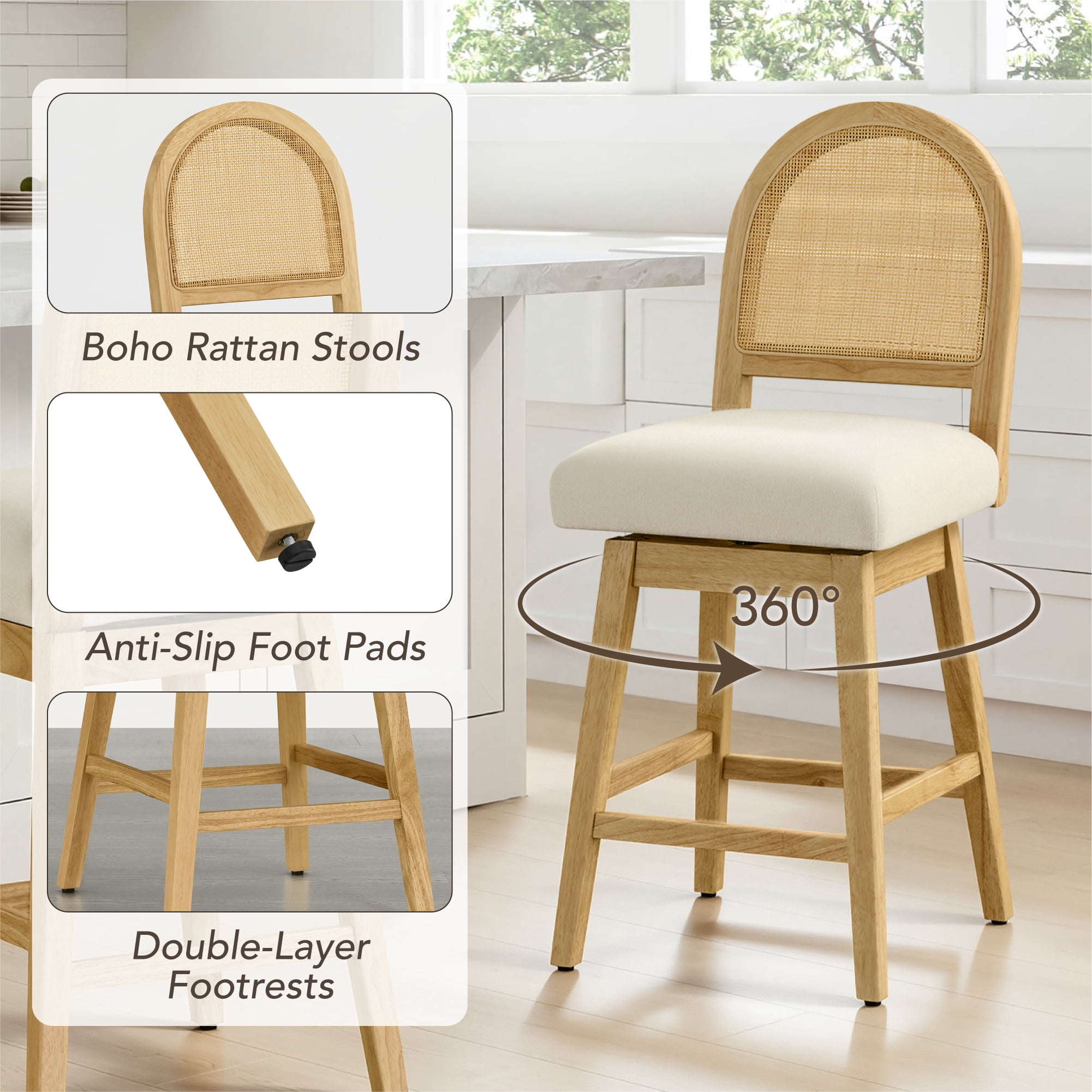 Spruce & Spring 25" Counter Height Swivel Bar Stools Set of 2 with Handmade Rattan Back and Upholstered Seats for Kitchen Island, Natural