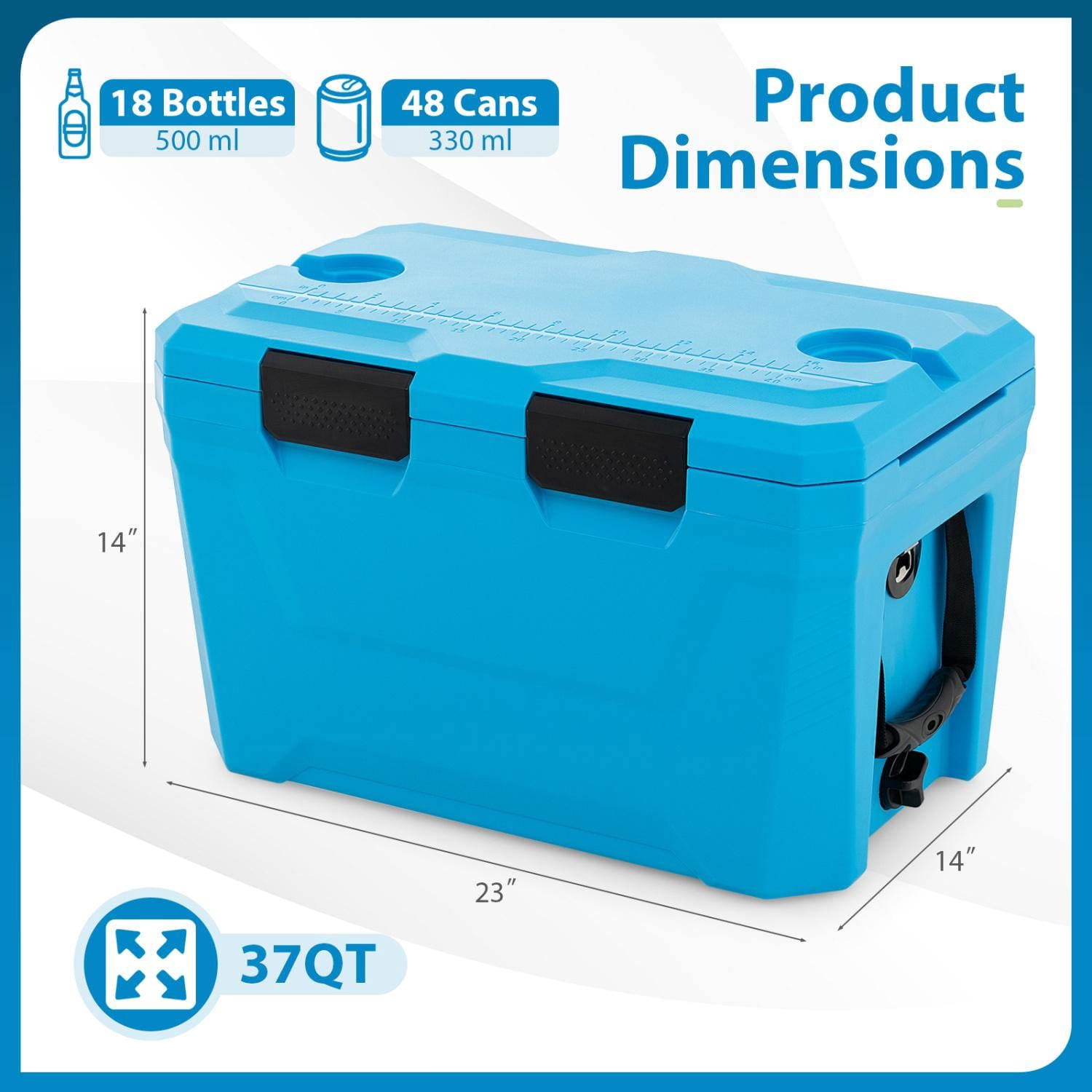 Resenkos Insulated Hard Shell Ice Chest Cooler with Cup Holders Bottle Opener and Drain Plug, Heavy Duty Outdoor Cooler for Camping and Fishing, Blue