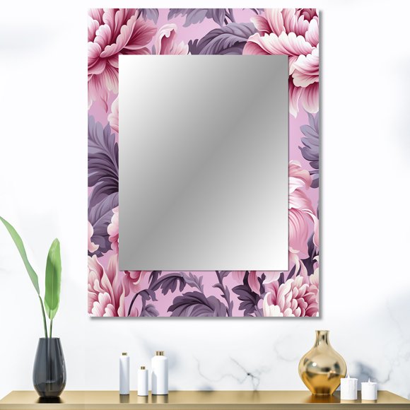 Designart "Pink Peony Serenade" Floral Wall Mirror, Printed Pink Wall Mirror, Traditional Bathroom Wall Mirror, Decorative Floral Mirror - 30x40 Inch