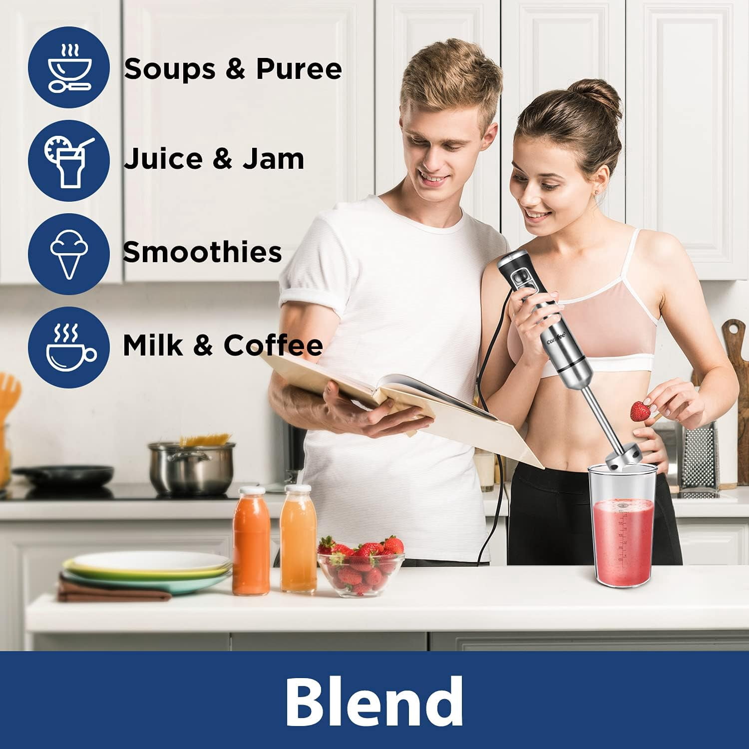 Immersion Hand Blender, Brushed Stainless Steel, Multipurpose Stick Blender with 500 , 600ml Beaker, 500ml Chopper and Whisk, Perfect for Baby Food, Smoothies, Sauces and Soups, Black