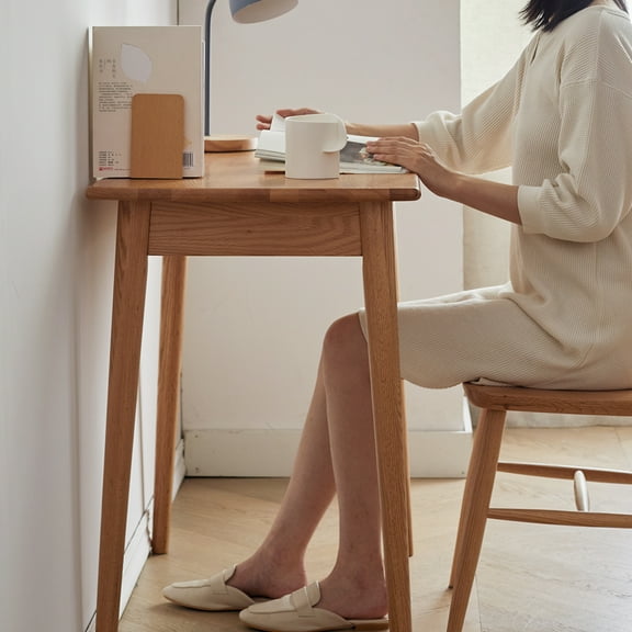 MAYEERTY 100% Solid Oak Wood Computer Desk – Minimalist Home Office & Study Table with Storage Drawers