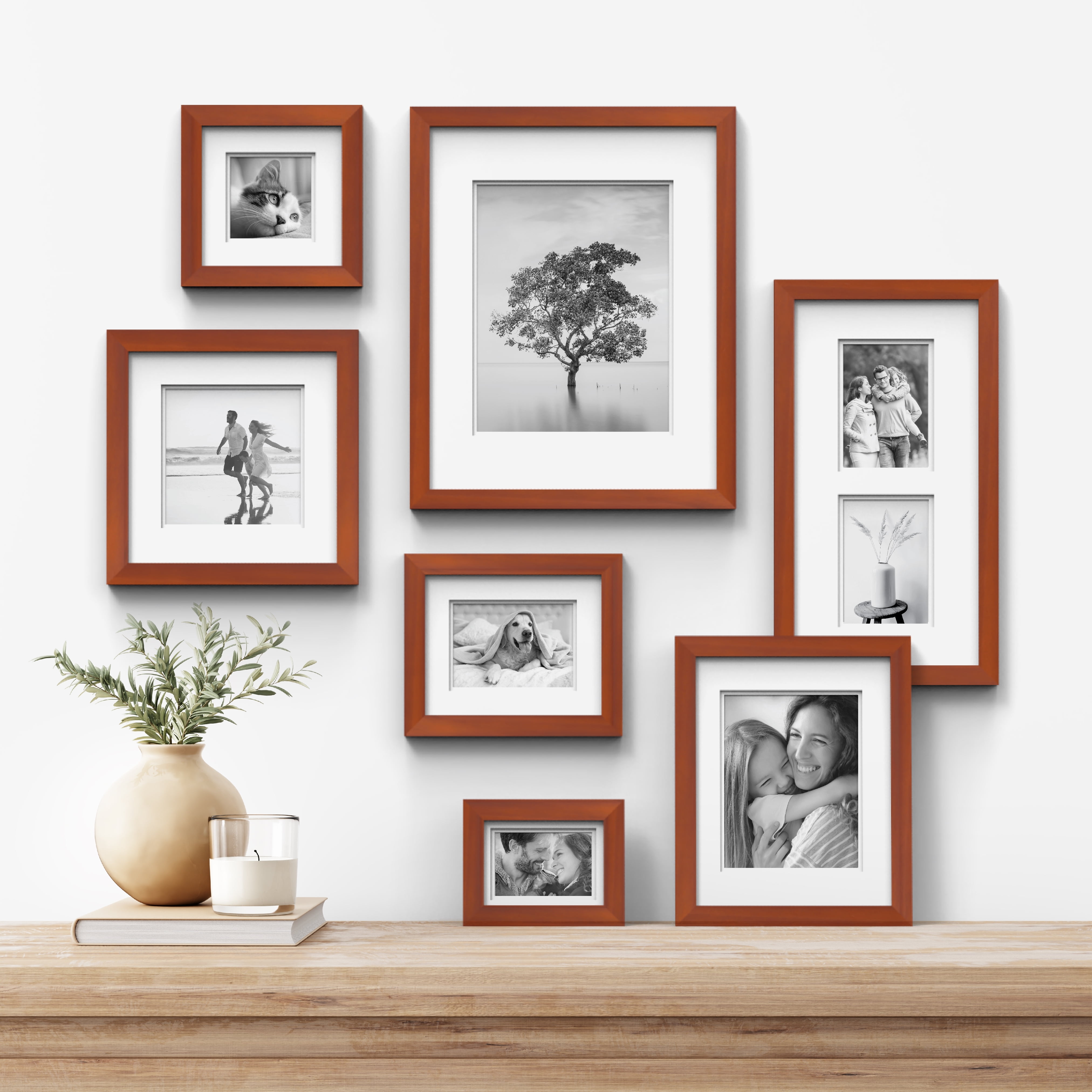 Gallery Solutions - 10"x20" Walnut Rectangular Photo Frame Wall Mount, for 5"x7" Pictures