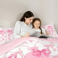 thumbnail image 4 of jejeloiu Ribbon Bow Tie 7 Pieces Bedding Comforter Set,Kawaii Cartoon Bowknot Full Bedding Set,Pink White Fitted Sheet Flat Sheet For Girls,Microfiber Room Decorative Reversible, 4 of 8