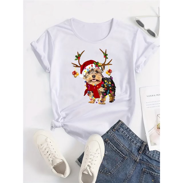Comfortable Polyester Christmas Yorkie Dog T-Shirt for Women - Casual Round Neck Short Sleeve Knit Fabric Top with Festive Antlers and Lights Design - All-Season Wear