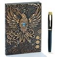 thumbnail image 1 of Cuaderno de cuero con relieve: Escritura, dibujo, viaje. Regalo Fénix. Pluma dorada. (Bronce), 1 of 3
