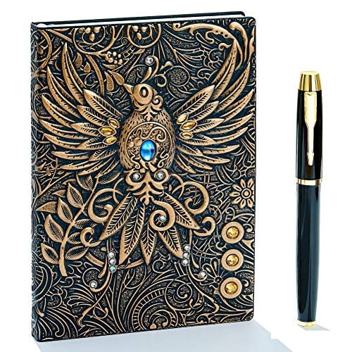 Cuaderno de cuero con relieve: Escritura, dibujo, viaje. Regalo Fénix. Pluma dorada. (Bronce)