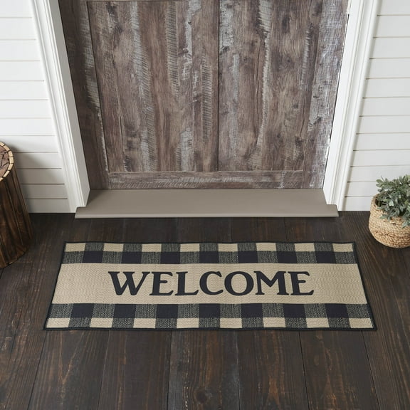 VHC Brands Black Check Welcome Indoor Rug Rect 17x48, Polyester Area Rug, Accent Rug, Floor Decor, Black Check Collection, Rectangle 17x48, Country Black