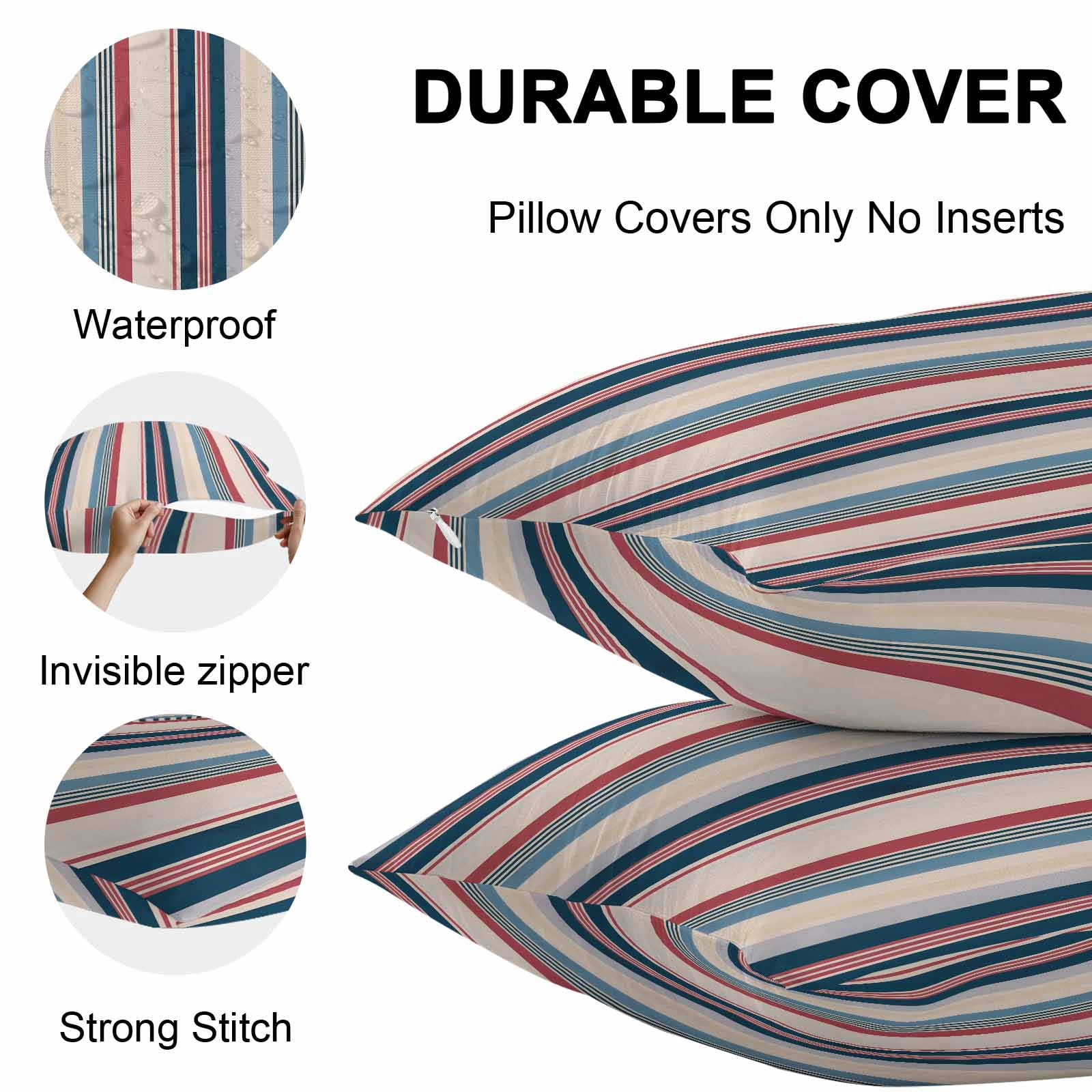 Vintage Stripes Outdoor Pillow Covers Set of 2 Navy Red Blue Striped Retro Lines Waterproof Throw Pillow Case Decorative Square Cushion Cover for Patio Couch Garden Balcony, 26"x26"