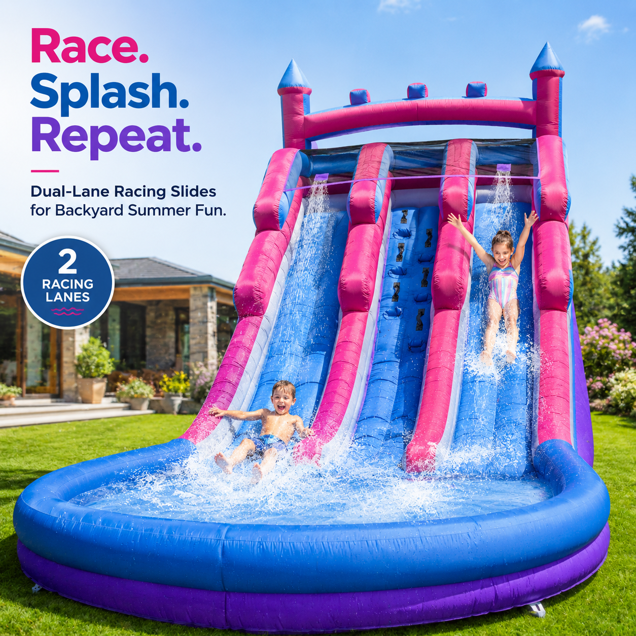 20FT Inflatable Kids Water Slide with Dual Lanes, Climbing Wall & Splash Pool – Backyard Fun for Kids, Fits Up to 6 Children (Purple & Pink)