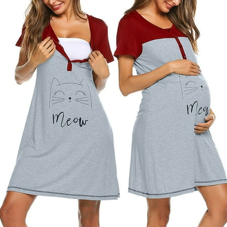 

Women Maternity Short Sleeve Cute Print Nursing Nightdress Breastfeeding Dress