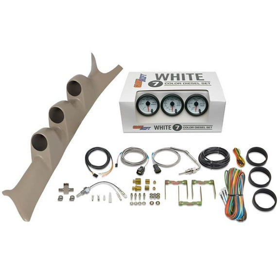 GlowShift | 1999-2007 Ford Super Duty 6.0 Powerstroke & 7.3 Powerstroke Tan Triple Pillar Pod with White 7 Color Series 60 PSI Boost Gauge, 2400 Pyrometer EGT Gauge & Trans Temp Gauge