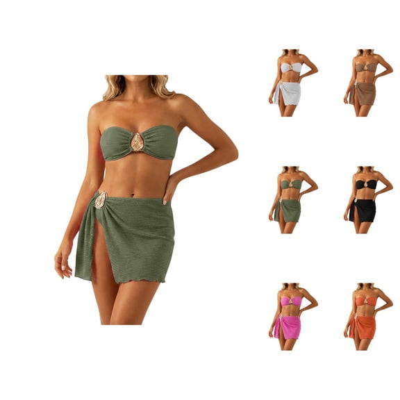 Bikini Sets for Women 3 Piece Strapless Bandeau Bikini Top Swim Bottom Sarong Wraps Swim Skirt Bathing Suits Swimwear