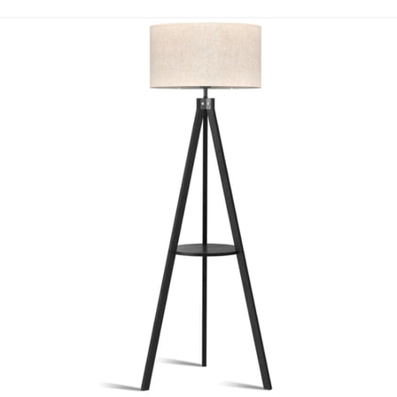 Tripod Floor Lamp, Mid Century Wood Standing Lamp, Modern Design Shelf Floor Lamp for Living Room, Bedroom, Office, Flaxen Lamp Shade with E26 Lamp Base Black
